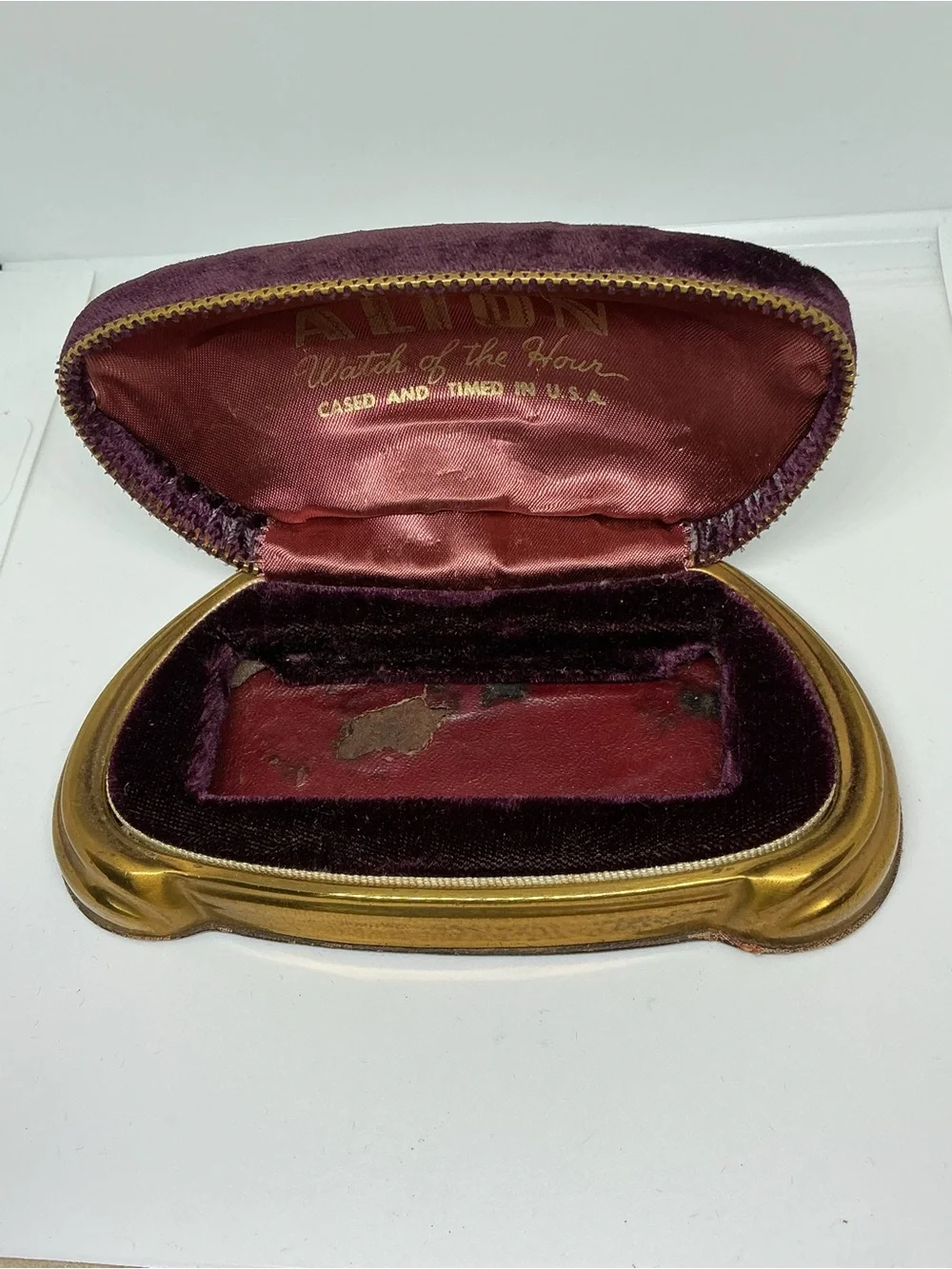 Vtg Alton “Watch of the Hour” Brass Presentation Display Box Purple Velvet USA
